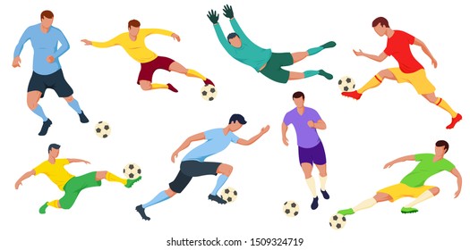 Detailed soccer football players. Goalkeeper, forward. Players in different pose and forms. Vector illustration.