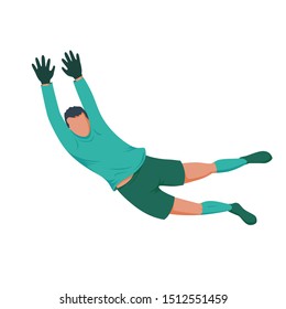 Detailed soccer football players. Goalkeeper jumps for the ball. Player in green form. Vector illustration.