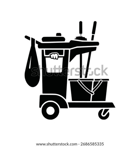 A detailed solid glyph icon of a professional janitorial or cleaning service cart, loaded with buckets, tools, and a trash bag. Represents commercial cleaning.