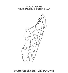 Detailed solid outline map of Madagascar displaying its political boundaries and divisions. This map illustrates the layout of various regions and administrative areas.