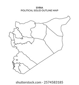 Detailed solid outline map of Syria displaying political boundaries and divisions. It serves as a clear representation of the countrys regions for educational and informational purposes.