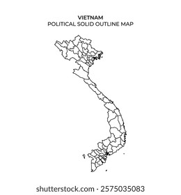 Detailed solid outline map of Vietnam highlighting its political divisions. The map includes various regions and boundaries, clearly marked for reference purposes.