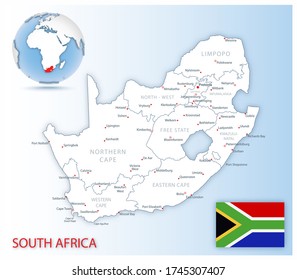 Detailed South Africa administrative map with country flag and location on a blue globe. Vector illustration