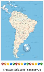 Detailed South America Map and location pin icons with roads, lakes and rivers. Highly detailed vector map.