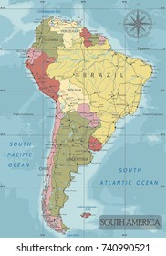 Detailed South America Political map in Mercator projection. Clearly labeled. Separated layers.