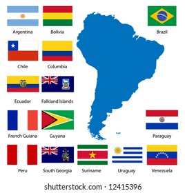 Detailed South American flags and map manually traced from public domain data.