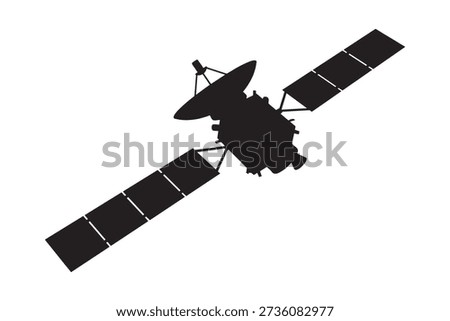 Detailed space craft silhouette featuring arrays and transmitters. Aerospace engineering equipment vector illustration.