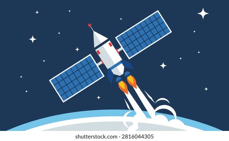 Detailed space satellite orbiting planet Earth with solar panels deployed in a dark starry sky with bright stars.