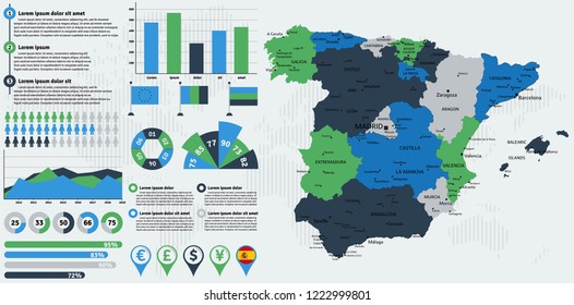Detailed Spain map with infographic elements. Vector illustration.