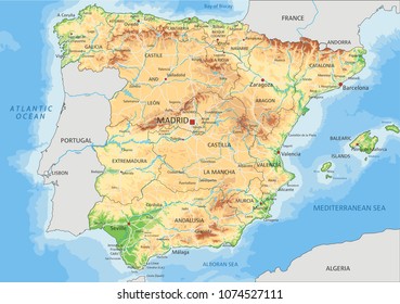 Detailed Spain Physical Map Stock Vector (Royalty Free) 1074527111 ...