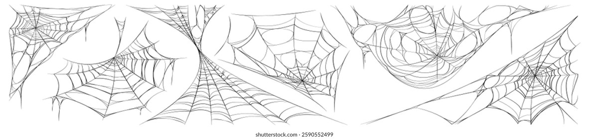 Detailed Spider Web Illustrations in Black and White Vector Set