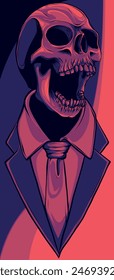 A detailed spooky skull illustration wearing a suit