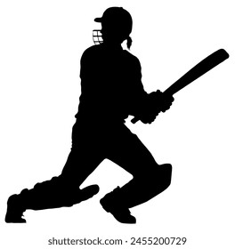 Detailed Sport Silhouette – Woman or Female Cricket Batsman Ready to Run After Hitting Ground Stroke