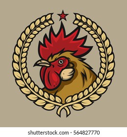 Detailed sports logo template with angry face emotion rooster mascot for college, school sport team logo concept, apparel design. Vector Illustration.