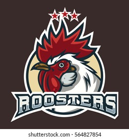 Detailed sports logo template with angry face emotion rooster mascot for college, school sport team logo concept, apparel design. Vector Illustration.