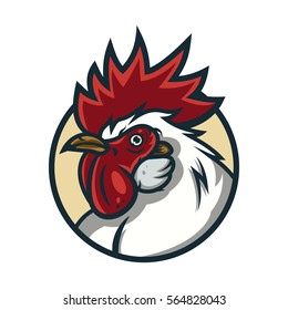 Detailed sports logo template with angry face emotion rooster mascot for college, school sport team logo concept, apparel design. Vector Illustration.