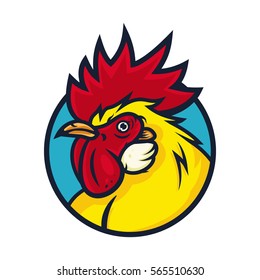 Detailed Sports Logo Template With Angry Face Emotion Rooster Mascot For College, School Sport Team Logo Concept, Apparel Design. Vector Illustration.