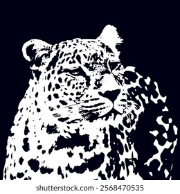 The detailed spots and intense gaze of a leopard's face against a solid black background,  striking black and white illustration