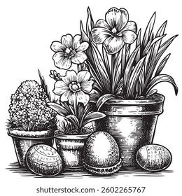 Detailed springtime garden with Easter elements in festive style