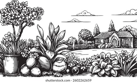 Detailed springtime garden scene with Easter elements