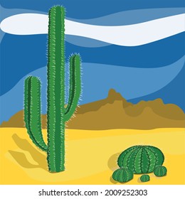 Detailed square cactus mountain range background landscape. Square vector of desert and cowboy cactus.
