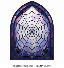 A detailed stained glass window featuring a spider web pattern and two spider figures.