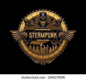 distintivo detallado de steampunk con una aeronave, equipo, skyline y un hombre ilustrativo