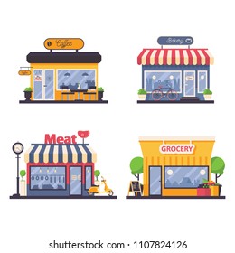 Detailed storefront for grocery and meat shop, bakery, coffee cafe. Vector facade illustration for local business and selling