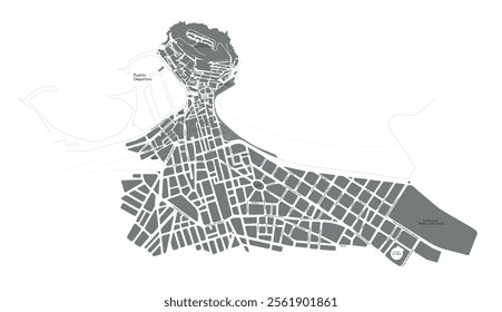 Detailed street map city centre of Gijón city, Asturias, Spain. North Spain. Vector illustration.