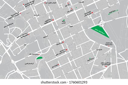 Detailed street map of Riyadh in KSA with Arabic road name. Editable vector file.