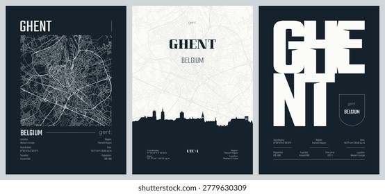Detailed street plan city map Ghent is a city and a municipality in the East Flanders province of the Flemish Region of Belgium, Vector set of travel posters, Silhouette skyline artwork, kit 2