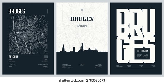 Detailed street plan city map Bruges is the capital and largest city of the province of West Flanders, Flemish Region of Belgium, Vector set of travel posters, Silhouette skyline artwork, kit 2