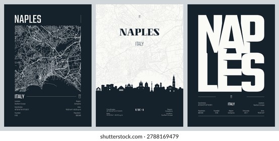 Detailed street plan city map Naples is the regional capital of Campania, southern Italy, Vector set of travel posters, Silhouette skyline artwork, kit 2