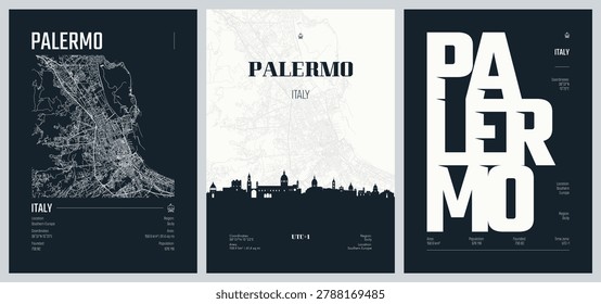 Detailed street plan city map Palermo is the capital and largest city of the autonomous island region of Sicily in southern Italy, Vector set of travel posters, Silhouette skyline artwork, kit 2