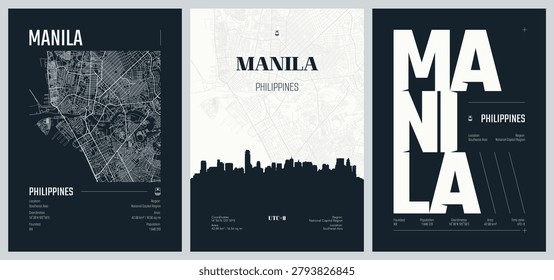 Detailed street plan city map Manila is the capital and second-most populous city of the Philippines, Silhouette skyline artwork, kit 2