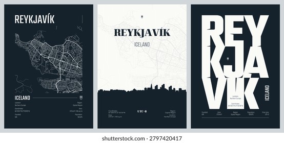 Detailed street plan city map Reykjavík is the capital and largest city of Iceland, Vector set of travel posters, Silhouette skyline artwork, kit 2
