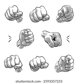 A detailed and striking collection of clenched fist illustrations in punching poses, designed in an engraving-style line art.
