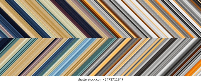 Detailed striped dual geometric pattern composed of big amount of thin orange, grey and blue stripes. Vector textured illustration