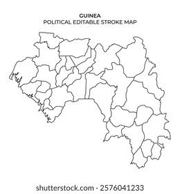 A detailed stroke map of Guinea outlines various political regions. It serves as a template for educational or planning purposes, ideal for presentations or reports.