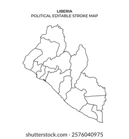 A detailed stroke map of Liberia illustrates the political divisions within the country. Each region is outlined clearly, showing the boundaries of counties and districts.