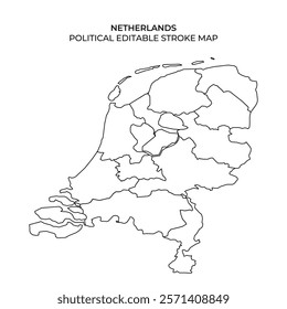 A detailed stroke map outlines the political boundaries of the Netherlands, showcasing provinces. Ideal for educational and design purposes, it allows easy editing.