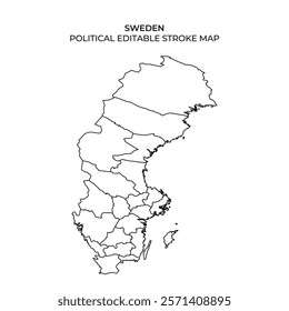 A detailed stroke map of Sweden displaying its political divisions. Suitable for educational presentations and geographical studies on Swedish governance and boundaries.