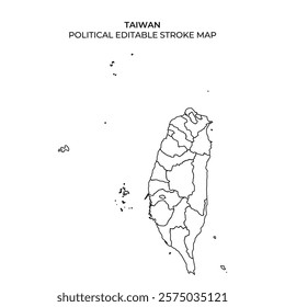 A detailed stroke map of Taiwan showing its political boundaries and geographical features. Perfect for educational purposes or presentations related to Taiwanese geography.