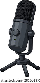 Detailed studio condenser microphone illustration with tripod stand and modern audio recording styling for poster sticker editorial podcast and music technology design
