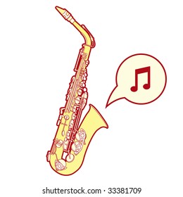 Detailed, stylized vector illustration of a saxophone, a brass musical instrument common in jazz bands and orchestras.