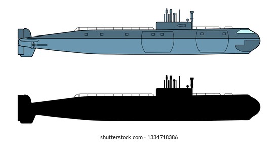 Detailed Submarine and Black Silhouette. Side view. Warship in realistic style. Military ship. Battleship model. Industrial drawing. Vector illustration isolated on white background.