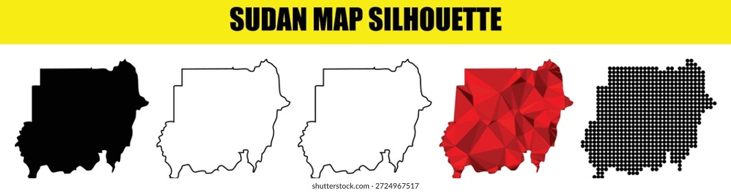 Detailed sudan country map vector illustration set featuring black white outline low poly red geometric mesh and halftone dotted pattern geographic template suitable for travel education design global concept