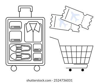 Uma mala detalhada com roupas e sapatos bem organizados ao lado de um carrinho de compras vazio e passagens de avião. Ideal para planejamento de viagem, organização, compras, dicas de embalagem, preparação de férias