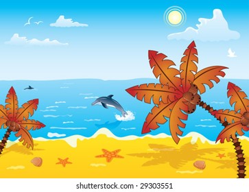 Detailed summer background with palm tree, coconut, dolphin, sea-gull, starfish..., vector illustration
