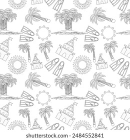 A detailed summer beach-themed coloring page featuring palm trees, sandcastles, suns, and swim fins. Perfect for kids and adults to enjoy a creative activity.